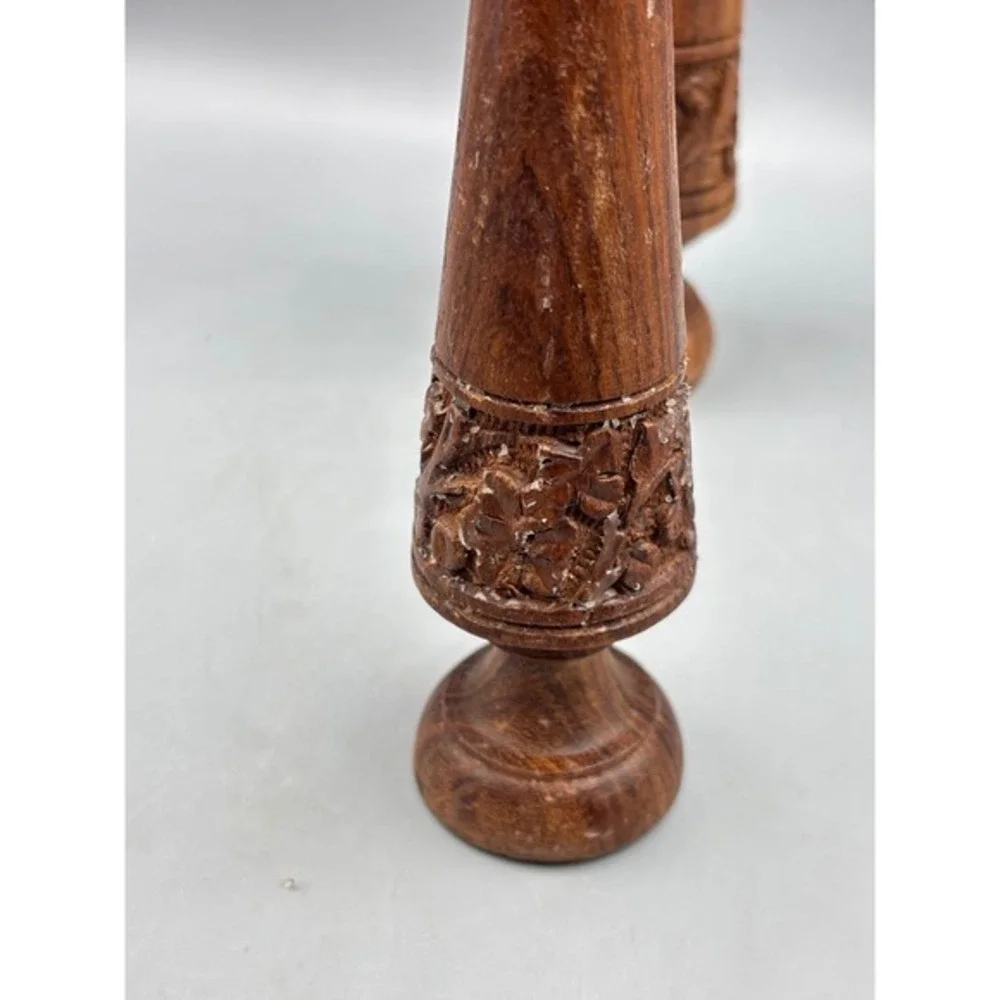 Vintage Carved Wooden Candlesticks Pair Floral Design Taper Boho‎